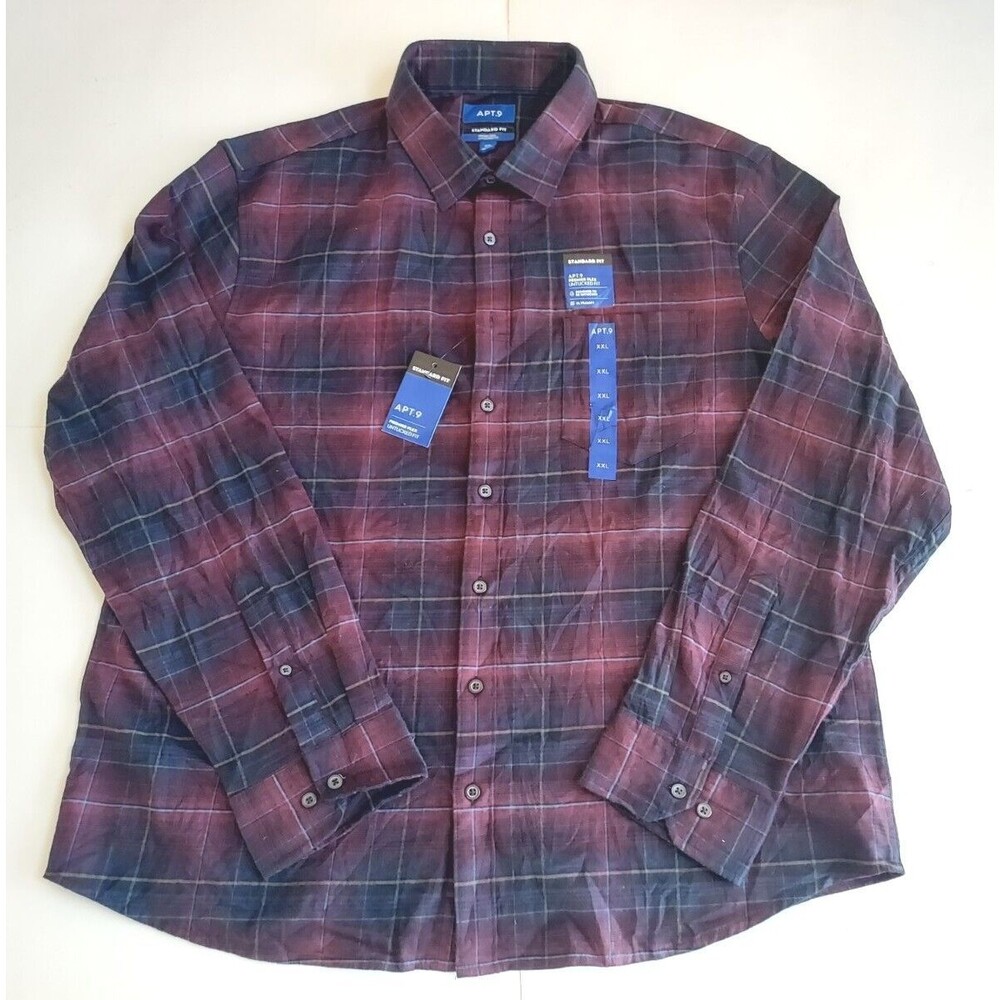 NWT Mens Apt. 9 Premier Flex Standard Untucked Fit Aged Wine Plaid Shirt XXL